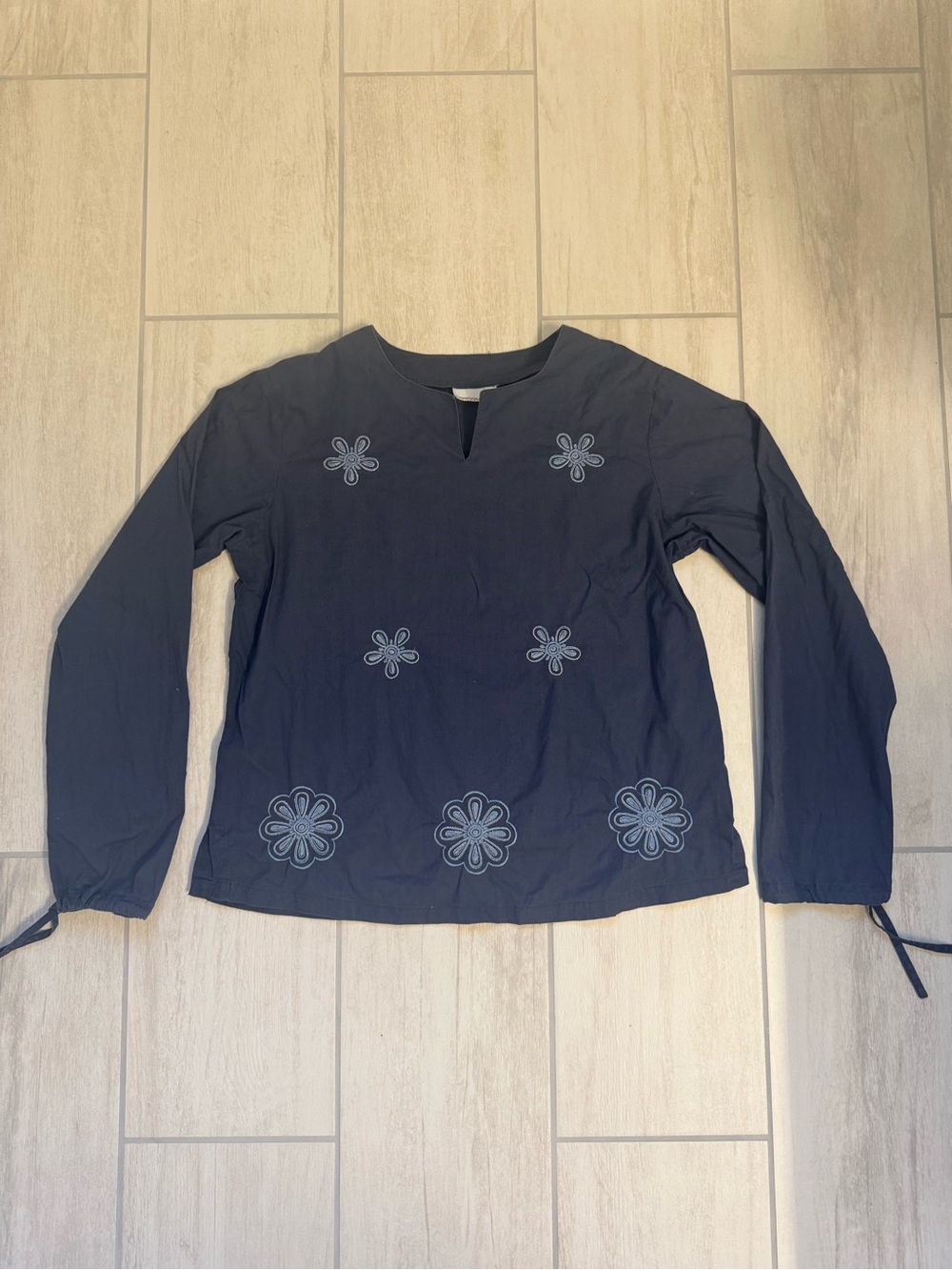 Women's Navy Long Sleeve Floral Embroidered Tee